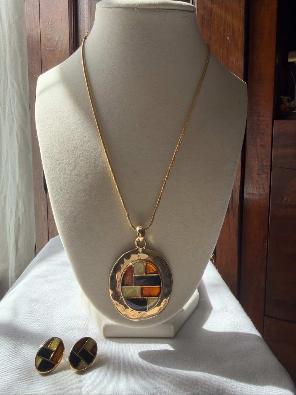 KC Gold Tone Geometric Necklace & Earrings Black Brown Enamel Statement Jewelry